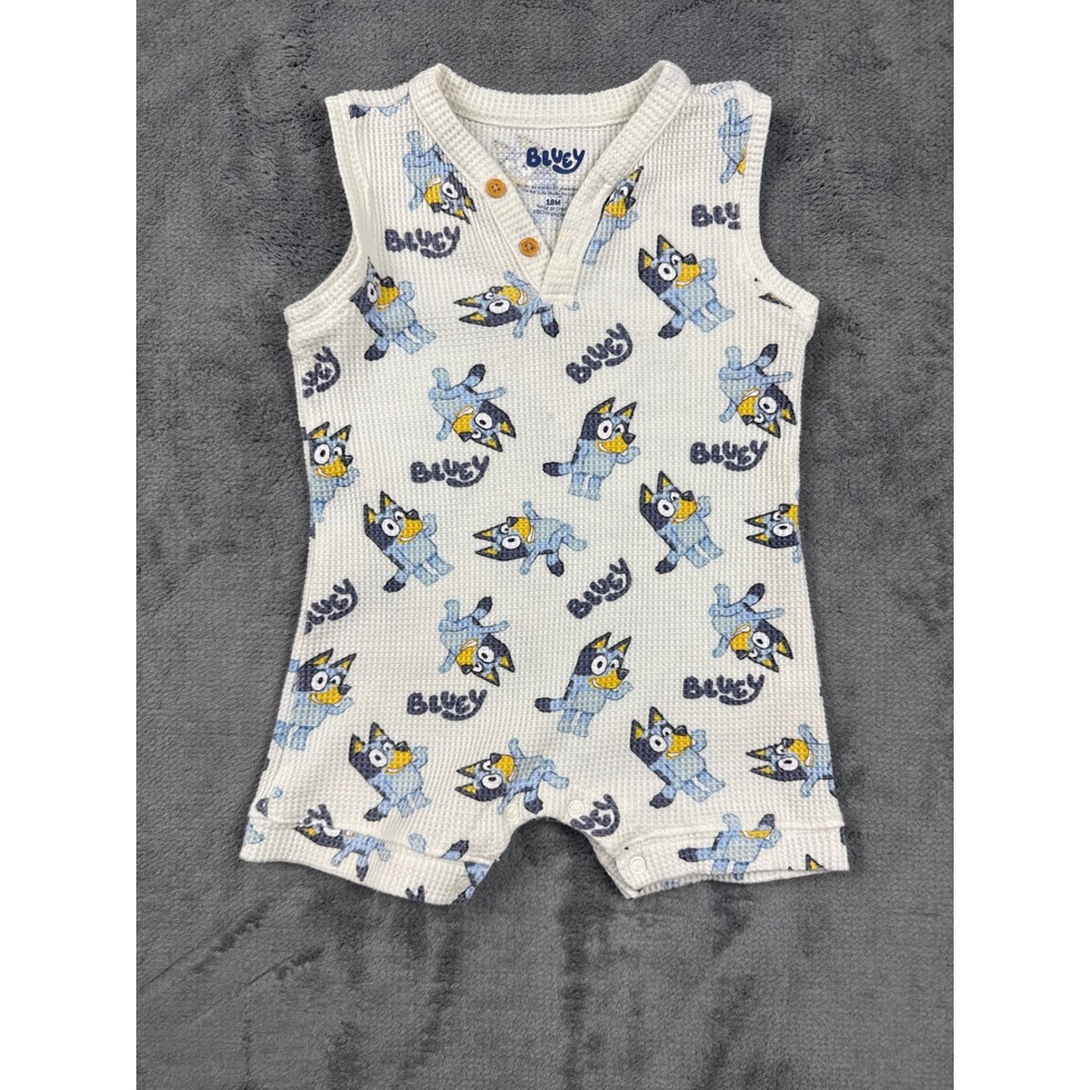 Bluey Waffle Knit Sleeveless Henley Romper Cream All Over Print 18M